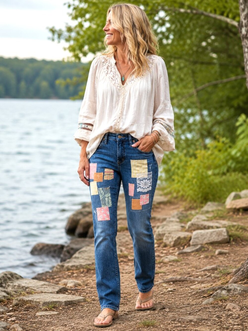 Upcycled Patchwork Jeans, Boho Hippie Pants Spring Pastel Lace Size W24 L28.5